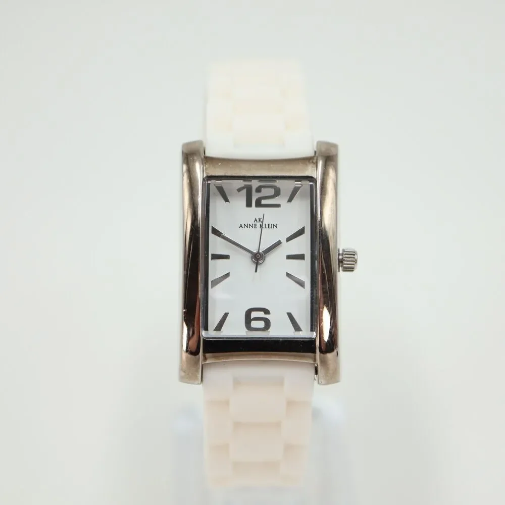 Anne Klein Womens Tank Watch 24mm Silver Tone Silicone 10/6463 New Battery